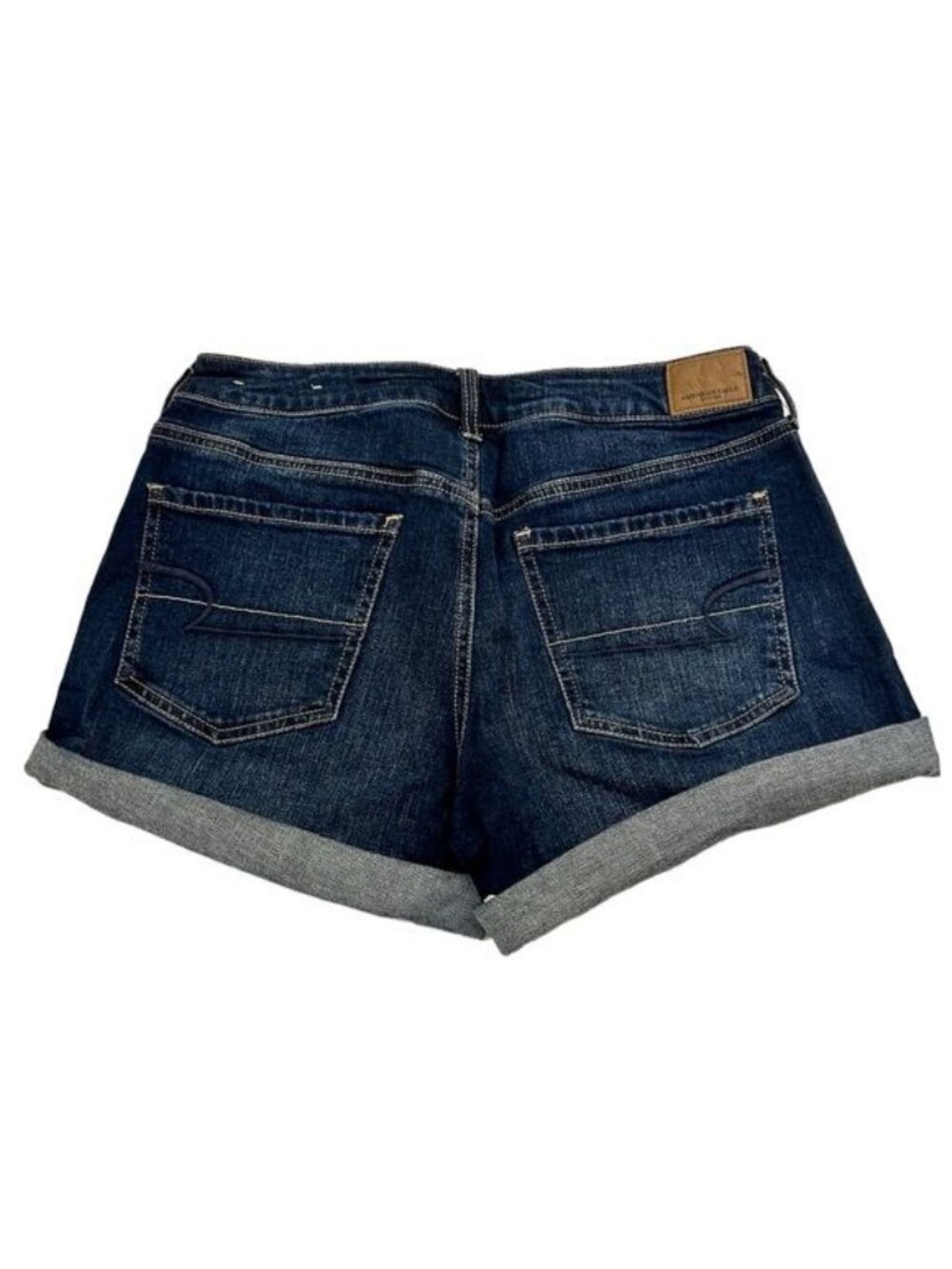 American Eagle Tomgirl Midi Size 8 Stretch Dark Medium Rinse Denim Shorts Cuffed - Picture 2 of 13